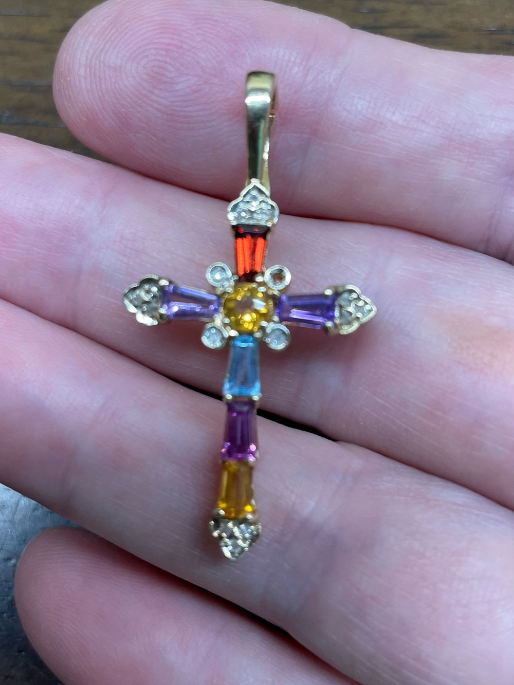 Large Solid 14K Gold Cross Pendant with Semiprecious Stones